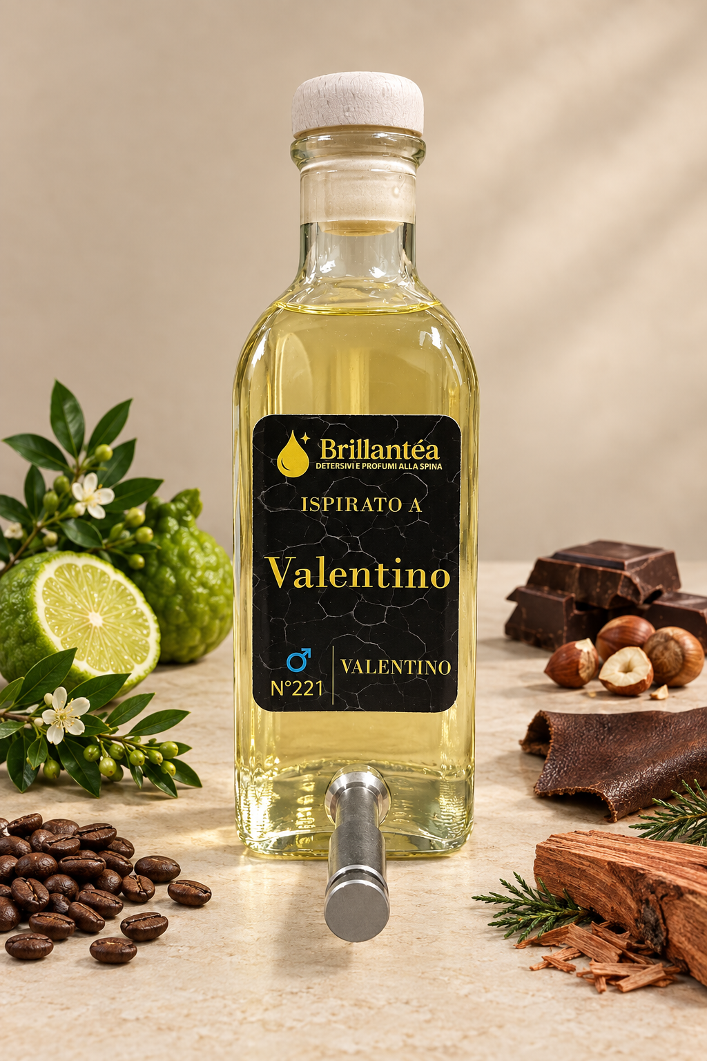 Flacone Brillantèa con le note olfattive su una base piana